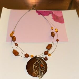 New Greek Brown-Gold Leaf & Coral Pendant Necklace. 3 Strand 18 inches.